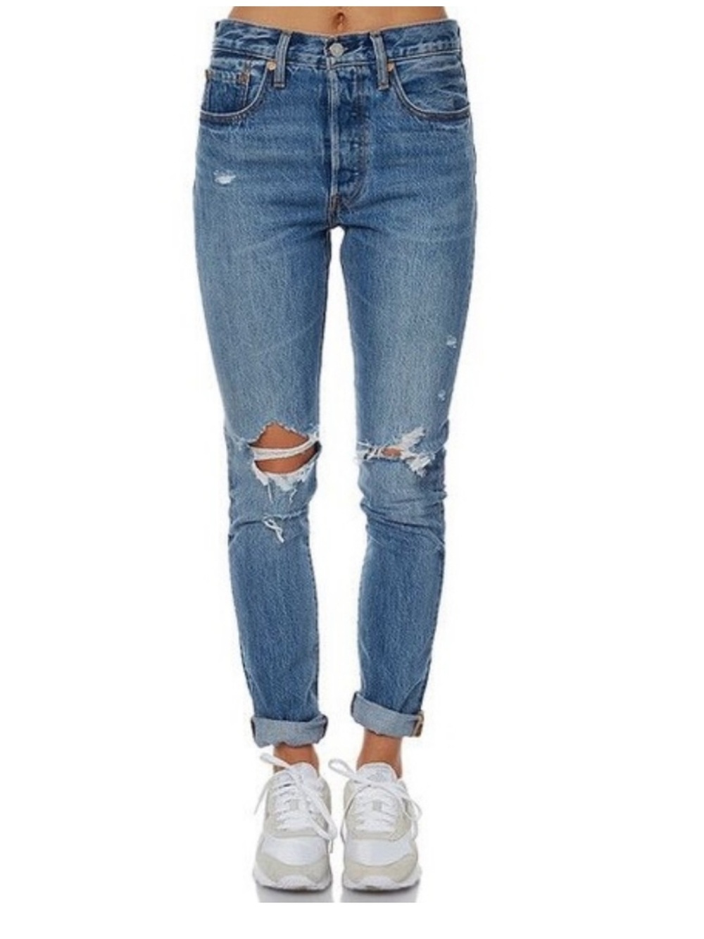 Levi’s 501 Button Fly High Waisted Cheeky Busted Knee Jeans